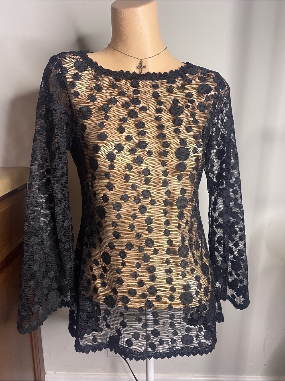 Black Sheer Polka Dot Lace Blouse - Elegant Long Sleeve Top